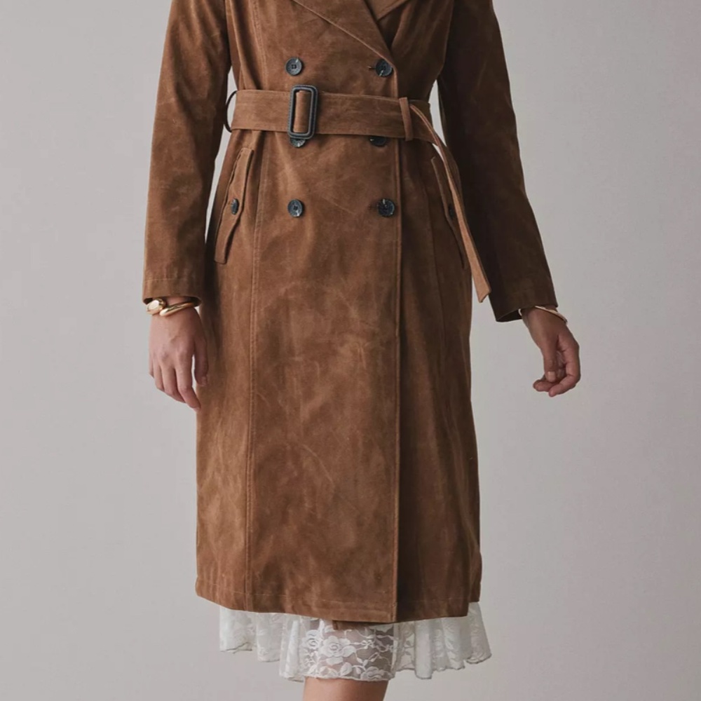 Avec Le Filles Double-Breasted Faux Suede Belted Trench Coat NWT